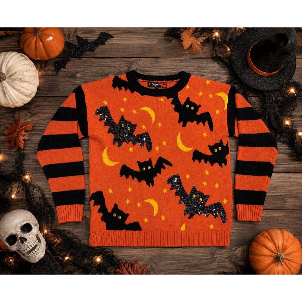 Halloween Bats Sweater Orange Fall Holiday Striped womens size small